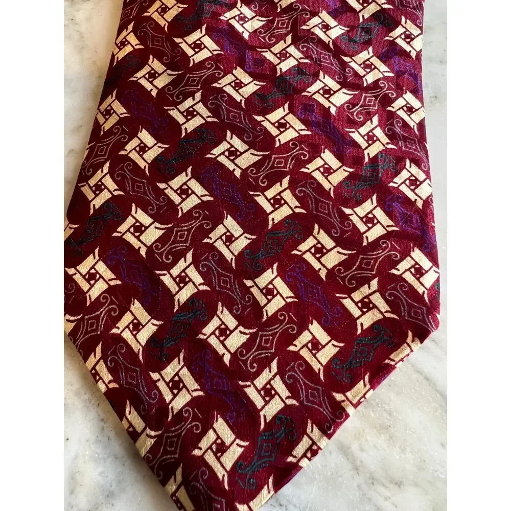 Vintage Christian Dior Wide Silk Tie Classic Maroon Print